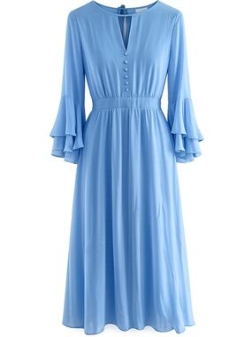 Eva Mendes NY & Co Womens Blue Midi Dress With Ruffle Sleeves Button Front & Tie